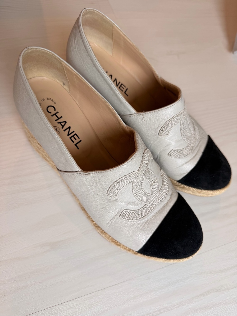 CHANEL Two-Tone Leather Espadrille Wedge — White and Black